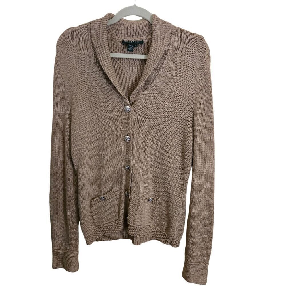 Lauren Ralph Lauren Vintage Tan Cotton Neutral Designer Cardigan Sweater Size L
